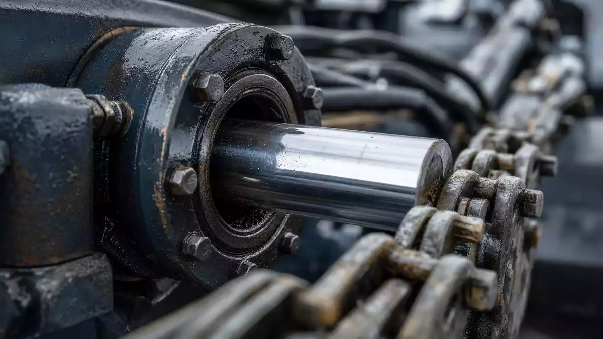 Makrofoto Hydraulikzylinder und Kette, Ashtead Group plc, ISIN GB0000533728, Detail
