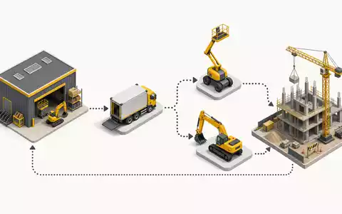 Isometrische Grafik zeigt Wertschöpfungskette von Ashtead Group plc, ISIN GB0000533728, von Depot bis zur Baustelle - Foto: THN
