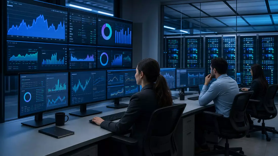Analysten prüfen Finanzdaten und Bonitäts-Dashboards in modernem Rechenzentrum