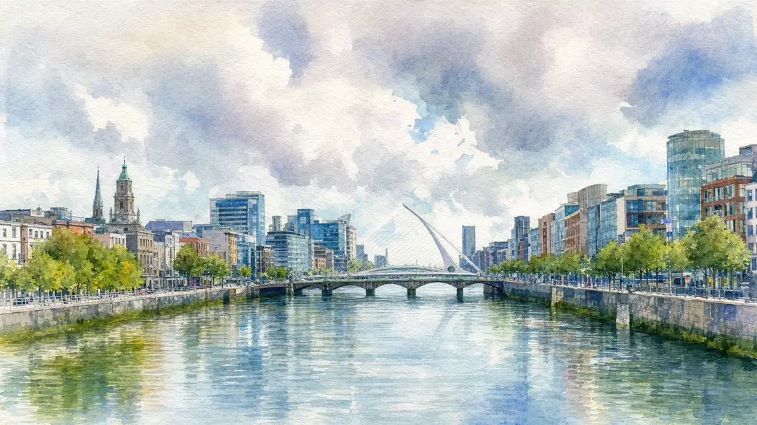 Aquarellmalerei zeigt Dubliner Skyline mit Fluss, Brücke und Bürogebäuden