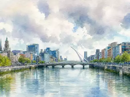 Experian plc (ISIN IE00B19NLV48) hat seinen Firmensitz in Dublin, dargestellt in zarter Aquarellmalerei - Foto: THN