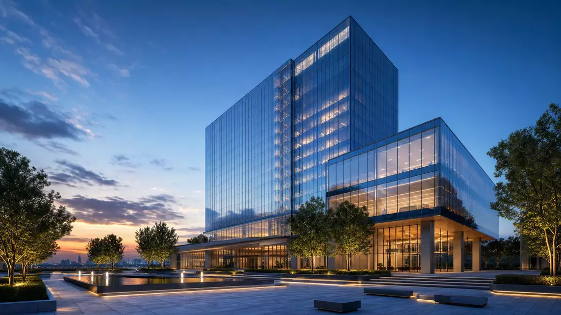 Architektur-Render zeigt gläserne Bürohochhaus-Zentrale in Abenddämmerung