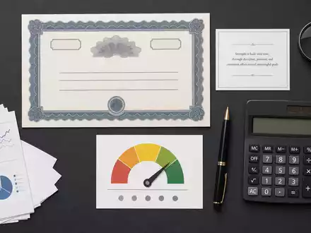 Experian plc (ISIN IE00B19NLV48) veranschaulicht Bonitätsprüfung durch Flatlay mit Zertifikat, Bonitäts-Anzeige und Rechner - Foto: THN