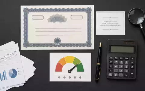 Experian plc (ISIN IE00B19NLV48) veranschaulicht Bonitätsprüfung durch Flatlay mit Zertifikat, Bonitäts-Anzeige und Rechner - Foto: THN