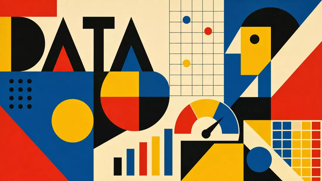 Bauhaus-Poster mit geometrischen Formen, Balkendiagramm und Wort DATA