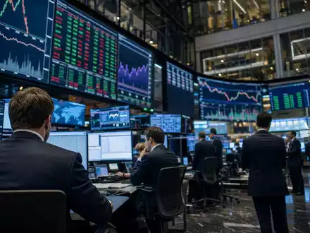 Experian plc (ISIN IE00B19NLV48) wird an internationalen Börsen gehandelt, dargestellt im belebten Trading-Floor-Editorial - Foto: THN