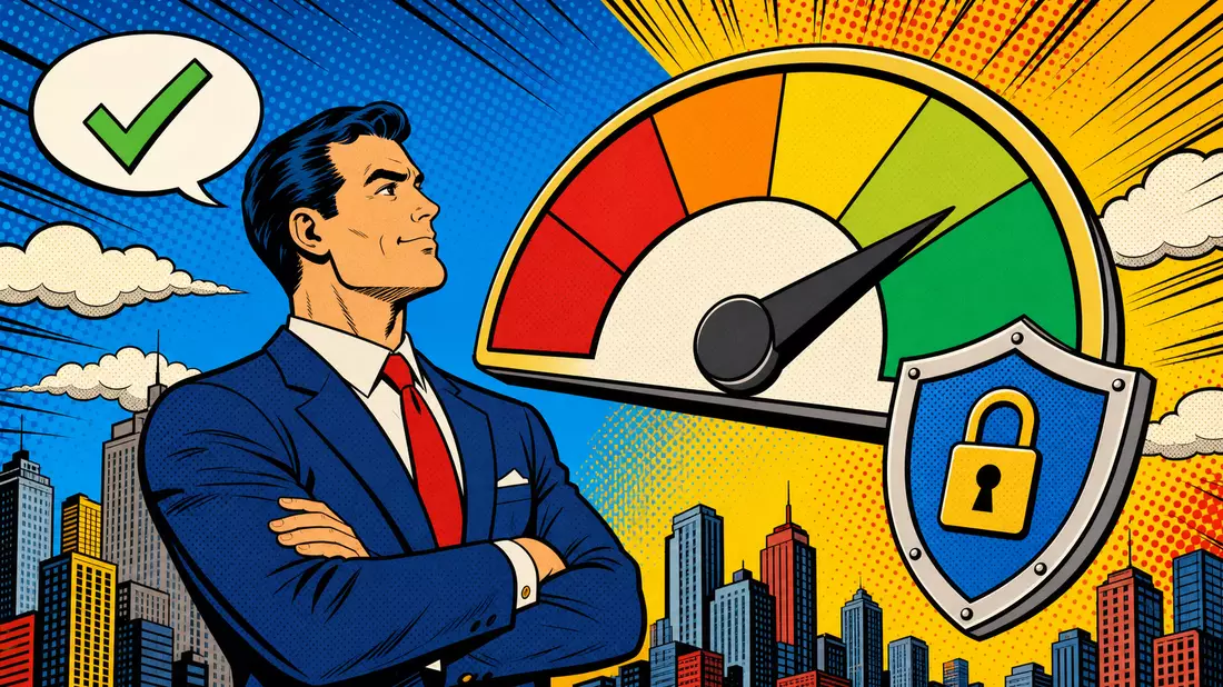 Pop-Art-Comic zeigt Geschäftsperson vor riesiger Bonitäts-Anzeige und Schutzschild