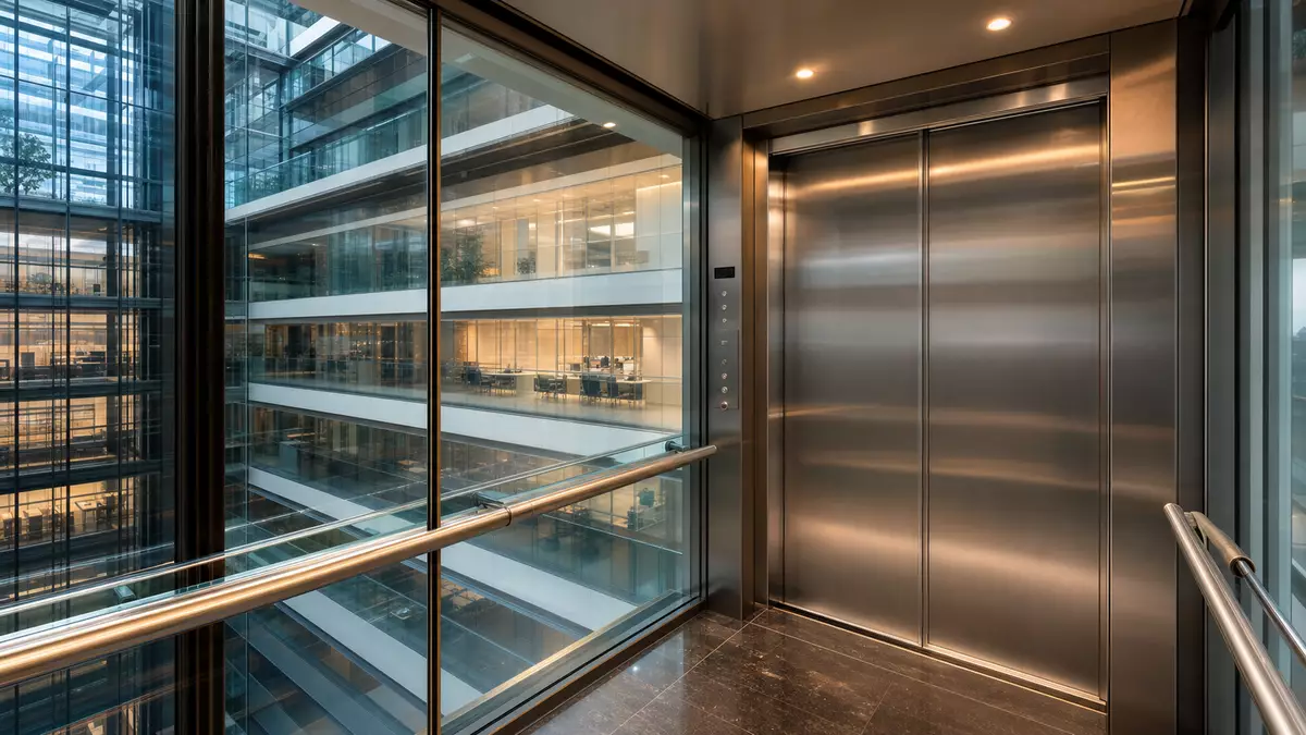 Gläserne Aufzugskabine in modernem Bürohochhaus mit Blick auf mehrere Stockwerke