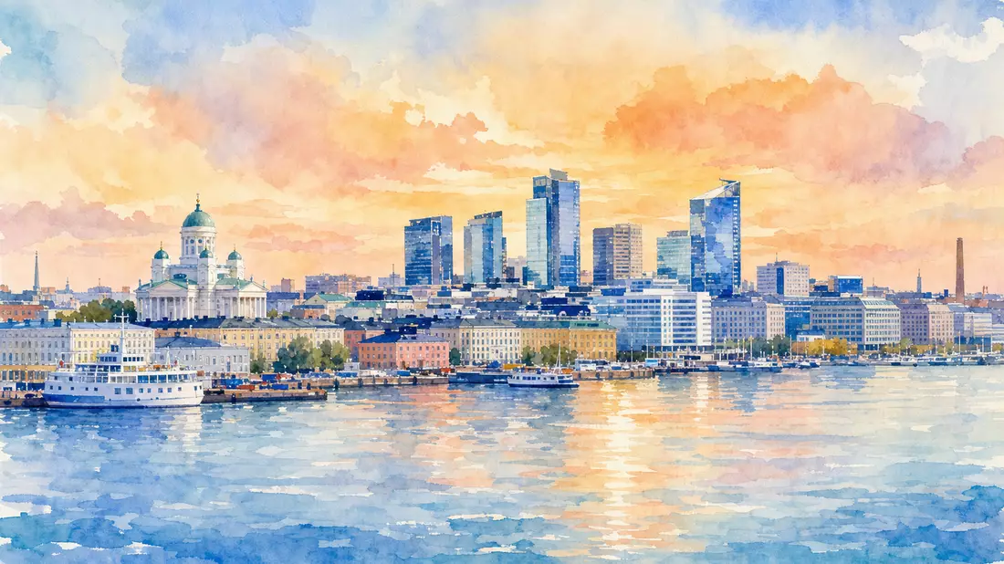 Aquarellmalerei der Helsinki Skyline mit Bürotürmen, Hafen und warmem Abendlicht