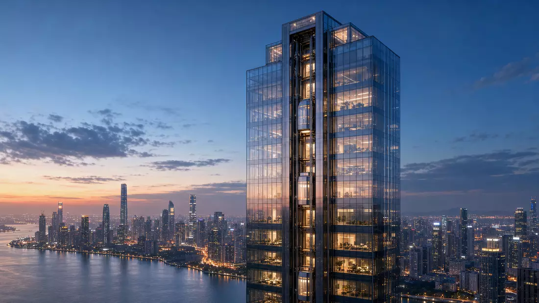 Architektur-Render eines Glashochhauses mit zentralem Aufzugsschacht bei Dämmerung