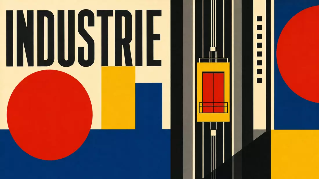 Bauhaus-Poster mit geometrischen Formen, Aufzugsmotiv und Schriftzug INDUSTRIE