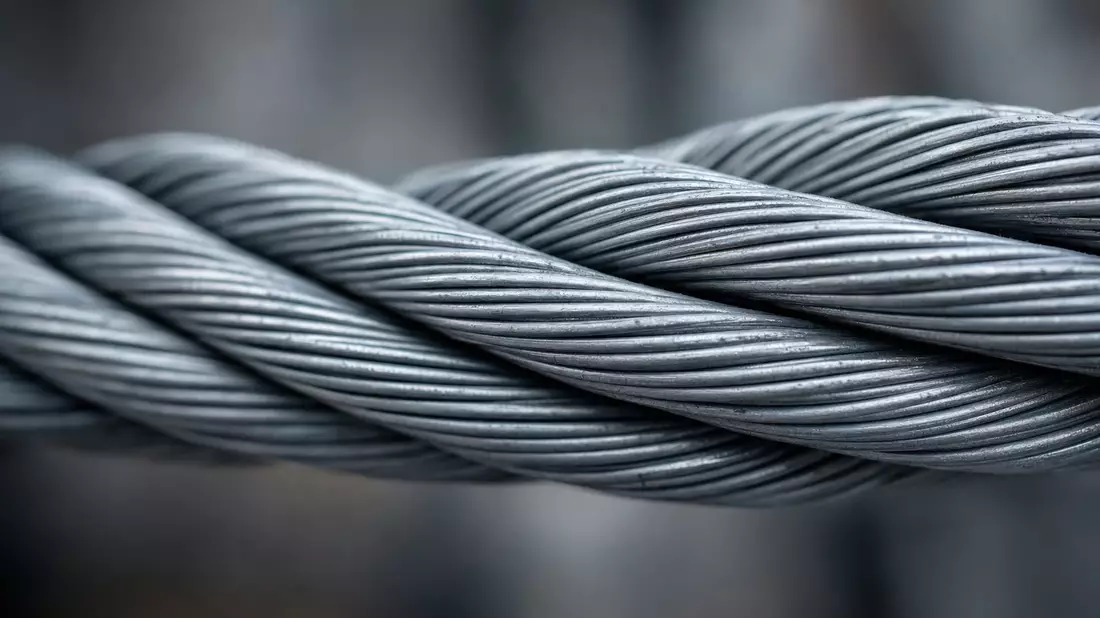Makroaufnahme eines geflochtenen Stahlseils mit sichtbaren einzelnen Metalllitzen
