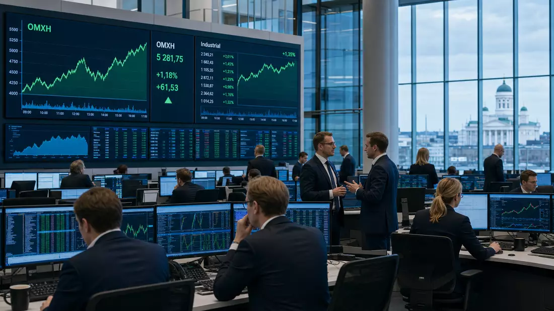 Trading-Floor der Börse Helsinki mit Industrie-Charts und OMXH-Index auf Bildschirmen