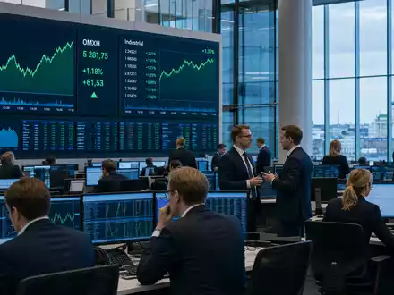 Kone Oyj (ISIN FI0009013403) notiert an der Börse Helsinki, gezeigt durch Trading-Floor mit Industrie-Charts - Foto: THN