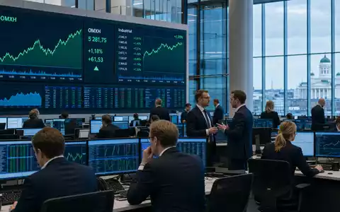 Kone Oyj (ISIN FI0009013403) notiert an der Börse Helsinki, gezeigt durch Trading-Floor mit Industrie-Charts - Foto: THN