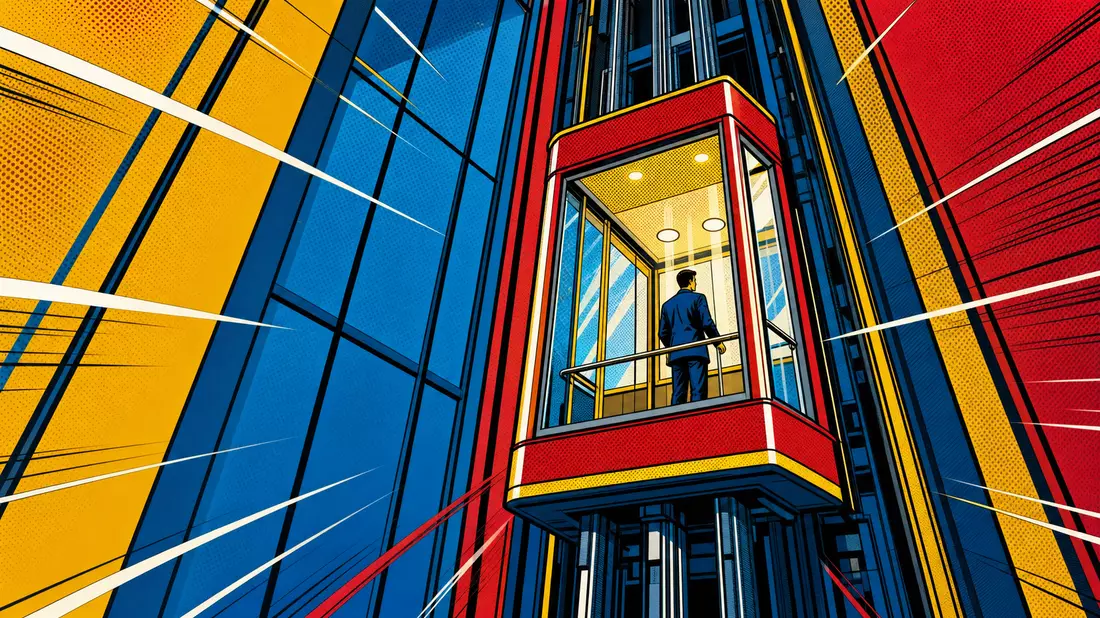 Pop-Art-Comic-Illustration einer bunten Aufzugskabine in einem Hochhausschacht