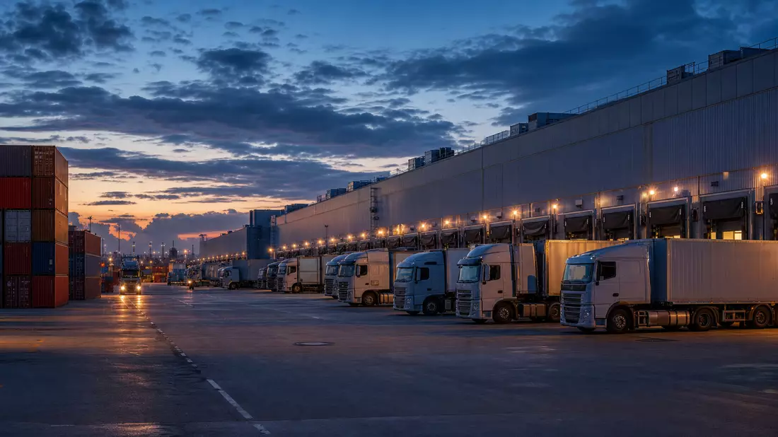 Logistikzentrum mit LKW-Flotte an Verladerampen bei Dämmerung, DSV A/S DK0060079531