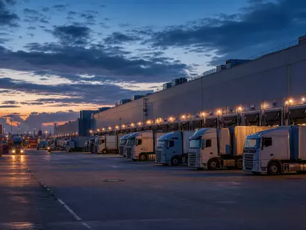 DSV A/S (ISIN DK0060079531) betreibt weltweit Logistikzentren mit LKW-Flotten an beleuchteten Verladerampen bei Dämmerung - Foto: THN