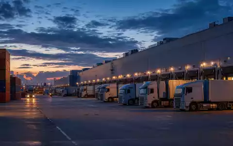 DSV A/S (ISIN DK0060079531) betreibt weltweit Logistikzentren mit LKW-Flotten an beleuchteten Verladerampen bei Dämmerung - Foto: THN