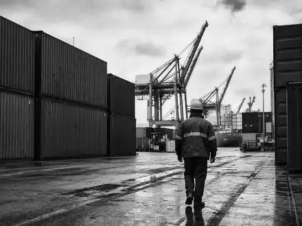 DSV A/S (ISIN DK0060079531) verbindet globale Lieferketten, dokumentiert durch Hafenarbeiter zwischen Containern im Schwarzweißbild - Foto: THN