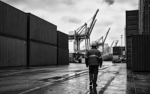 DSV A/S (ISIN DK0060079531) verbindet globale Lieferketten, dokumentiert durch Hafenarbeiter zwischen Containern im Schwarzweißbild - Foto: THN