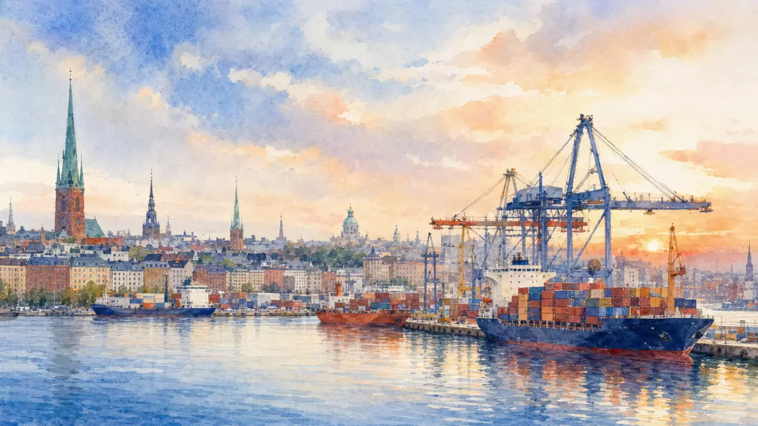 Aquarell einer Hafenstadt mit Schiffen bei Sonnenuntergang, DSV A/S DK0060079531