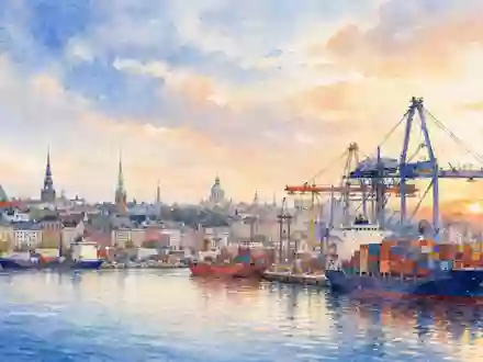 DSV A/S (ISIN DK0060079531) zeigt sich hier als Aquarell einer Hafenstadt bei Sonnenuntergang - Foto: THN