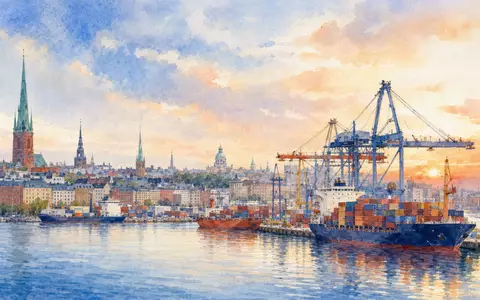 DSV A/S (ISIN DK0060079531) zeigt sich hier als Aquarell einer Hafenstadt bei Sonnenuntergang - Foto: THN