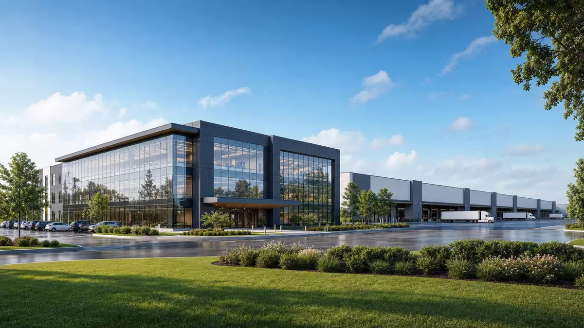 Architektur-Rendering eines Logistikzentrums mit Glasfassade, DSV A/S DK0060079531