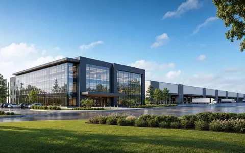 DSV A/S (ISIN DK0060079531) präsentiert ein modernes Architektur-Rendering eines Logistikzentrums mit Glasfassade und Lagerhalle - Foto: THN