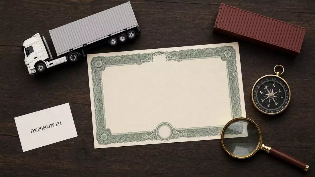 Flatlay mit Aktienzertifikat, ISIN-Karte und Miniatur-LKW, DSV A/S DK0060079531