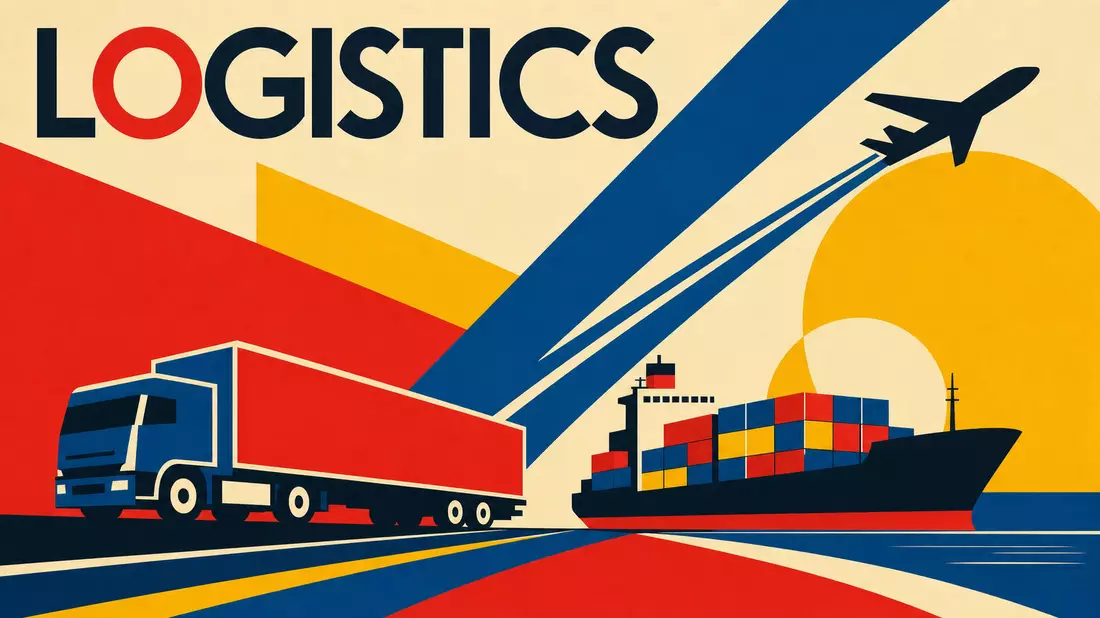 Bauhaus-Poster mit LKW, Schiff und Schriftzug LOGISTICS, DSV A/S DK0060079531