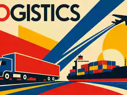 DSV A/S (ISIN DK0060079531) wird als Bauhaus-Poster mit geometrischen Formen und dem Sektor-Schriftzug LOGISTICS dargestellt - Foto: THN