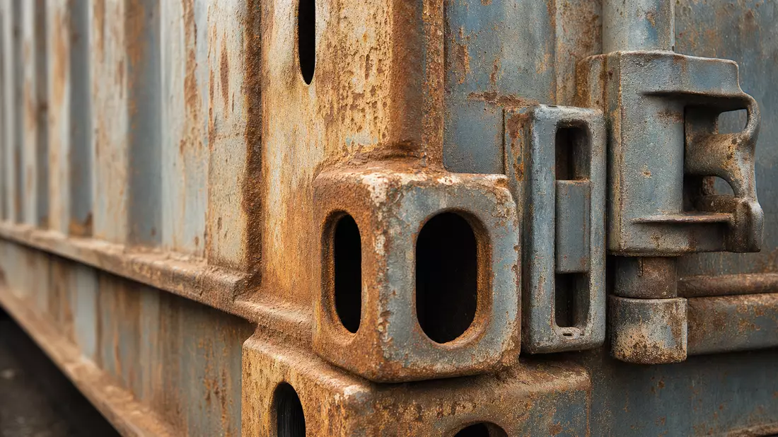 Makroaufnahme einer Container-Eckverriegelung mit Rost, DSV A/S DK0060079531