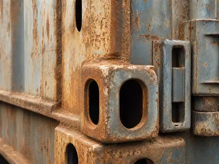 DSV A/S (ISIN DK0060079531) zeigt in der Makroaufnahme verwitterte Containerecken mit Rost und Verriegelungsmechanismus - Foto: THN