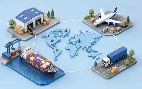 DSV A/S (ISIN DK0060079531) veranschaulicht die globale Wertschöpfungskette isometrisch mit Lager, Flugzeug, Schiff und LKW - Foto: THN