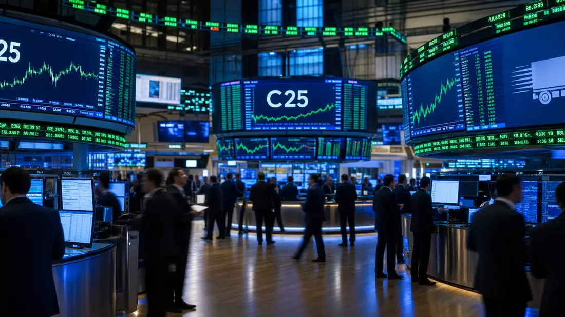 Trading-Floor mit Kursdiagrammen und C25-Index-Anzeige, DSV A/S DK0060079531