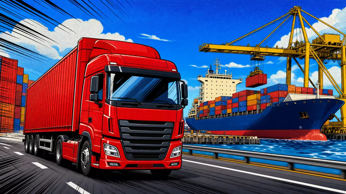 Pop-Art-Comic mit rotem LKW und Containerhafen, DSV A/S DK0060079531