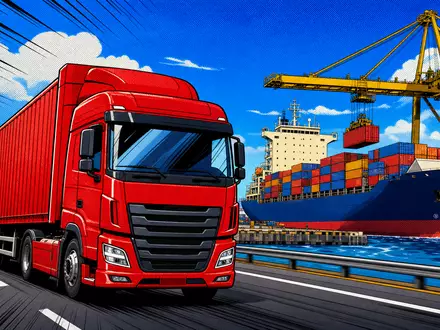 DSV A/S (ISIN DK0060079531) erscheint als farbenfrohe Pop-Art-Comic-Szene mit rotem LKW und Containerhafen im Hintergrund - Foto: THN