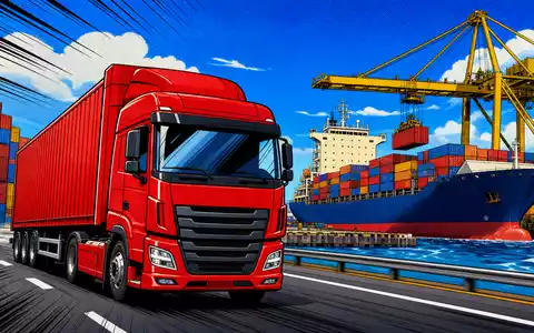 DSV A/S (ISIN DK0060079531) erscheint als farbenfrohe Pop-Art-Comic-Szene mit rotem LKW und Containerhafen im Hintergrund - Foto: THN