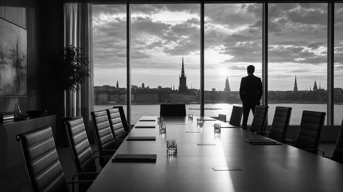 Schwarzweiß-Dokumentarfoto eines Sitzungssaals einer Holdinggesellschaft