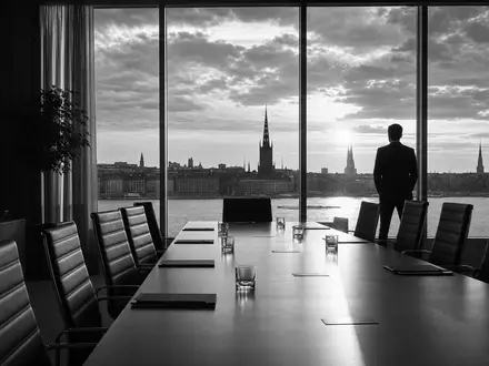 Investor AB (ISIN SE0015811963) dargestellt als dokumentarisches Schwarzweißfoto eines Konferenzraums für Konzernentscheidungen - Foto: THN