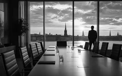 Investor AB (ISIN SE0015811963) dargestellt als dokumentarisches Schwarzweißfoto eines Konferenzraums für Konzernentscheidungen - Foto: THN