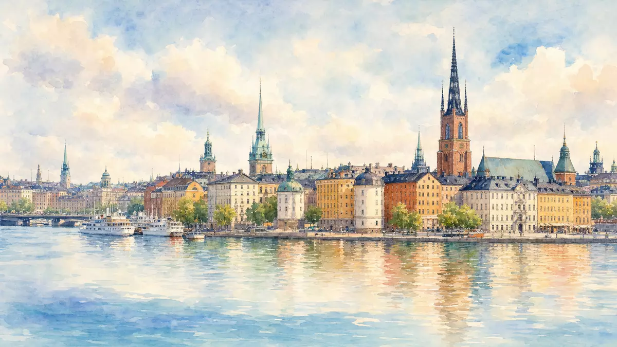 Aquarellmalerei der Stockholmer Skyline mit Wasser und Altstadt