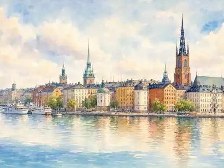 Investor AB (ISIN SE0015811963) als Aquarellgemälde der Stockholmer Skyline mit historischen Gebäuden und Wasser - Foto: THN