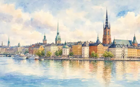 Investor AB (ISIN SE0015811963) als Aquarellgemälde der Stockholmer Skyline mit historischen Gebäuden und Wasser - Foto: THN