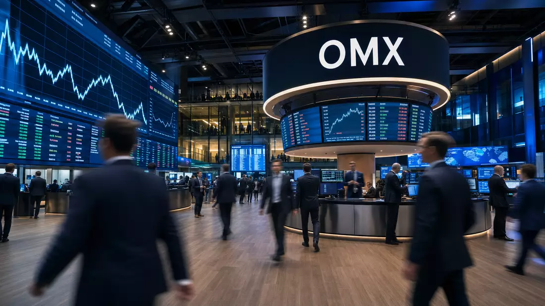 Editorial-Aufnahme eines Handelssaals mit Kurstafeln der Börse Stockholm