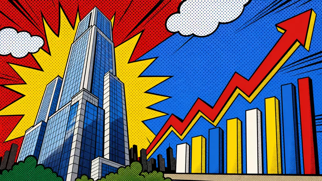Pop-Art-Comic-Illustration mit Aktienkurven und stilisiertem Bürogebäude