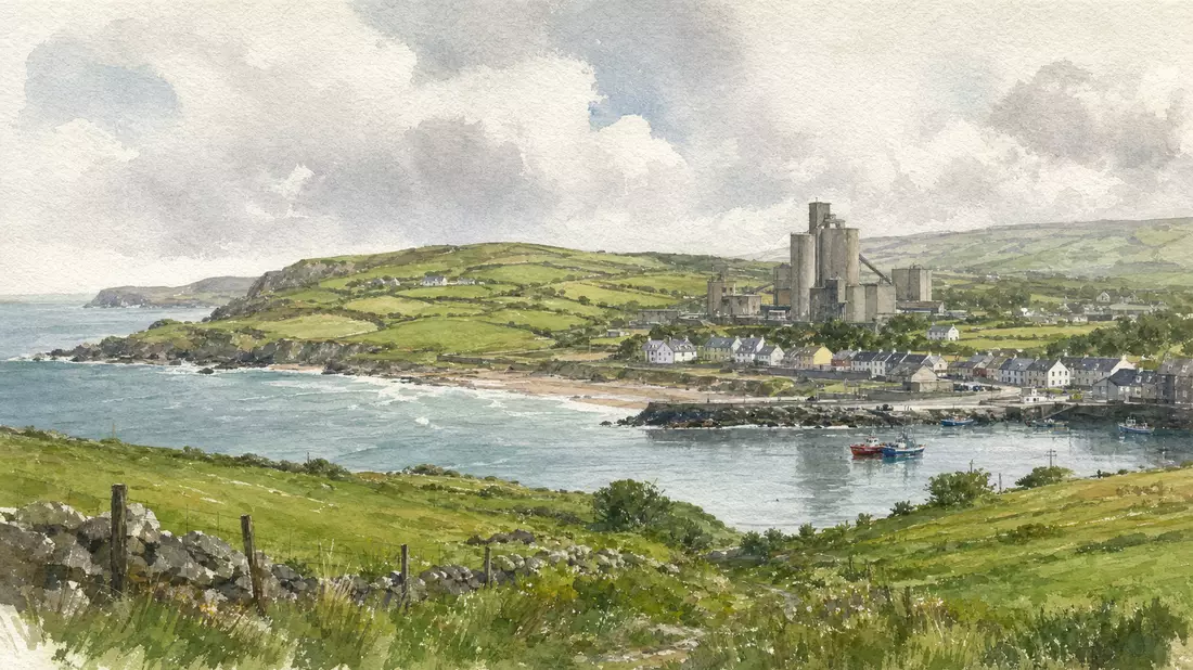 Aquarellgemälde einer irischen Küste mit Hügeln und industriellem Werk