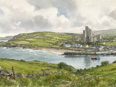 CRH plc (ISIN IE0001827041) hat Wurzeln in Irland, dargestellt als malerische Aquarell-Küstenlandschaft mit Werk - Foto: THN